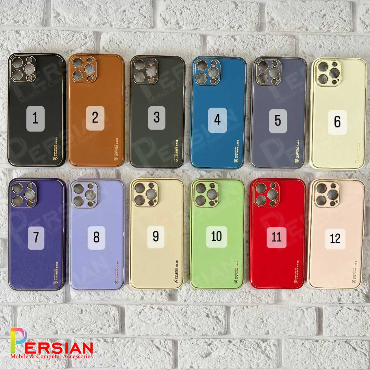 قاب ایفون 14 پرومکس چرمی Unique Case دور طلایی محافظ لنز دار iPhone 14 Pro Max