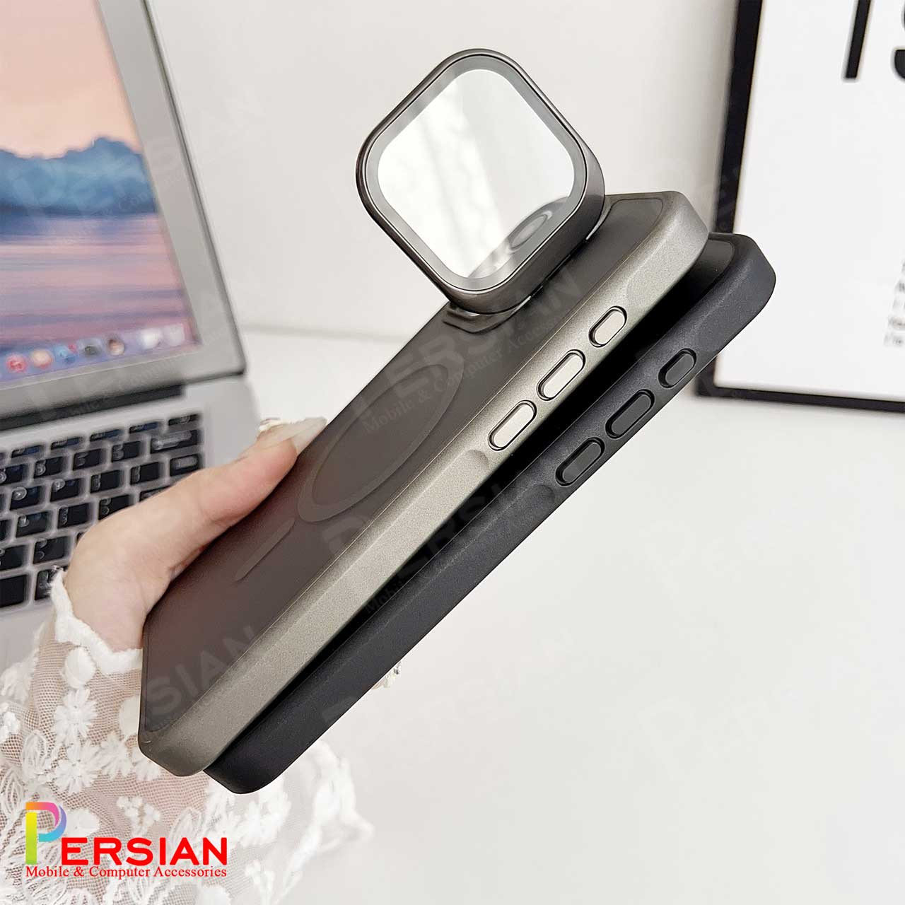 قاب گوشی آیفون 16 مات لنز شیشه ای استند شو با مگ سیف مجیک ماسک