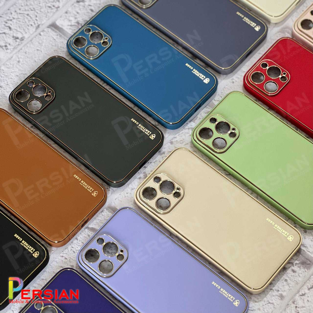 قاب ایفون 14 پرومکس چرمی Unique Case دور طلایی محافظ لنز دار iPhone 14 Pro Max