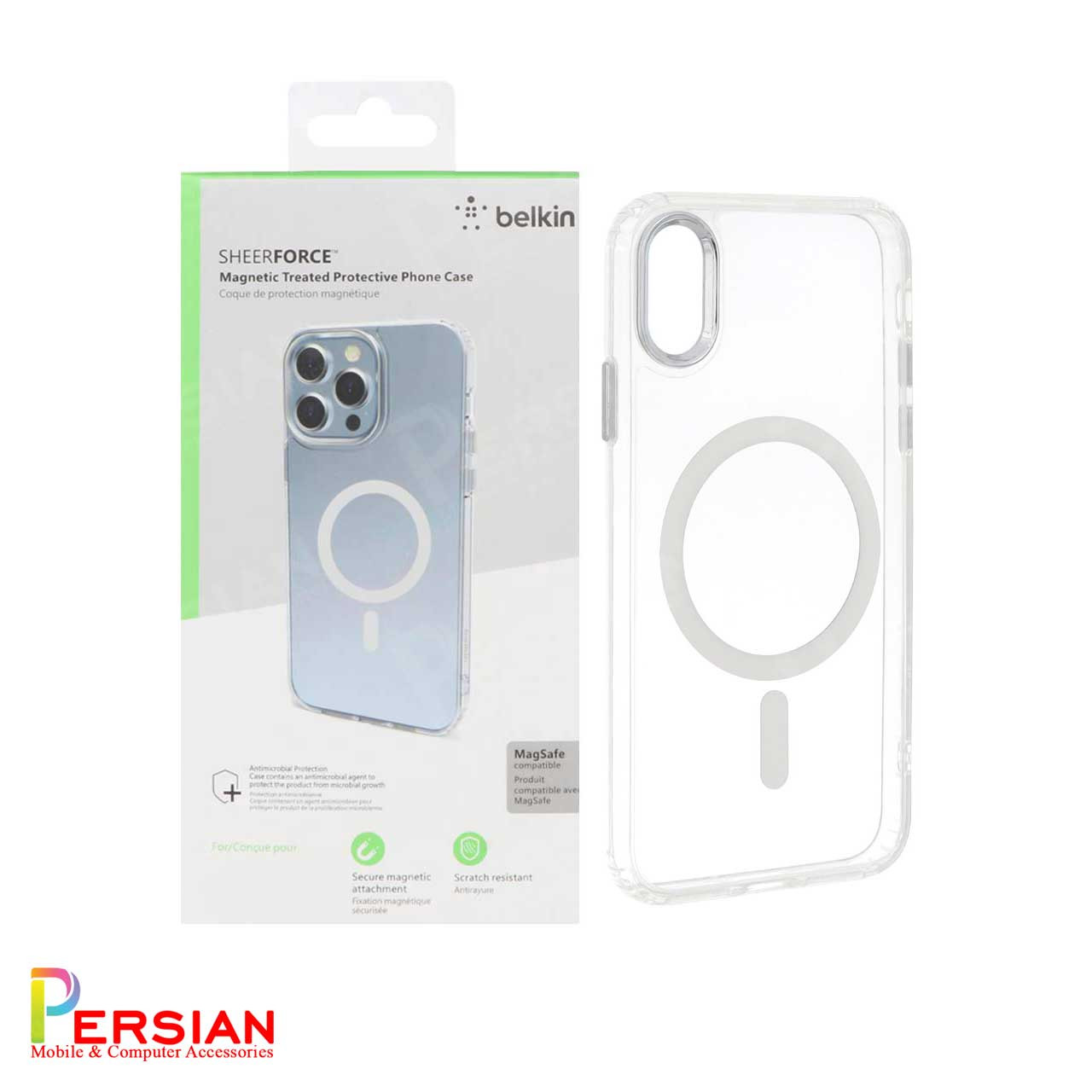 قاب شفاف گوشی آیفون X/Xs برند بلکین با مگ سیف و دکمه و رینگ متال Belkin For IPhone X/Xs