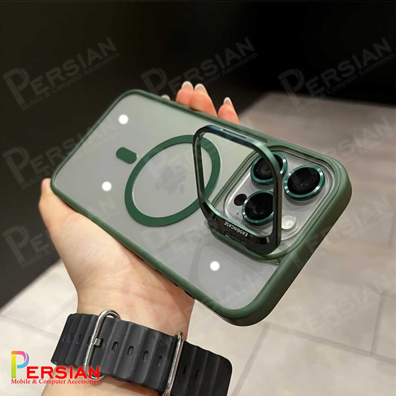 قاب آیفون 13 پرو شفاف استند شو ایسون کیس با مگ سیف و محافظ لنز رینگی Eason Case IPhone 13 Pro