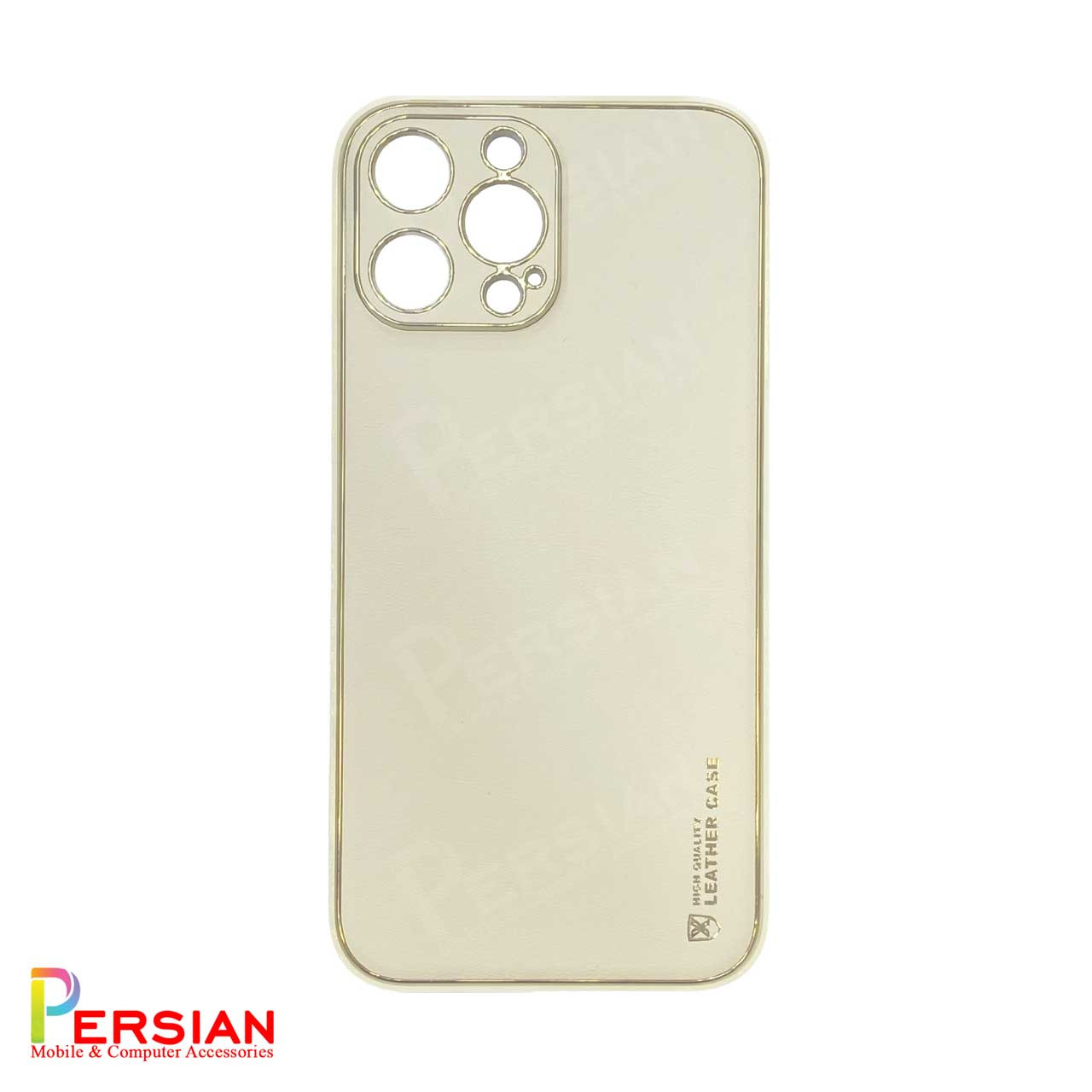 قاب ایفون 14 پرومکس چرمی Unique Case دور طلایی محافظ لنز دار iPhone 14 Pro Max