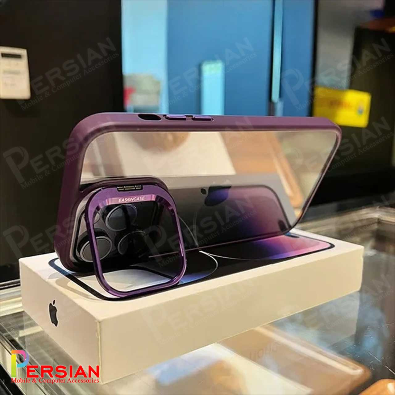 قاب آیفون 12 پرومکس برند ایسون کیس شفاف استند شو با محافظ لنز رینگی Eason Case IPhone 12 Pro Max