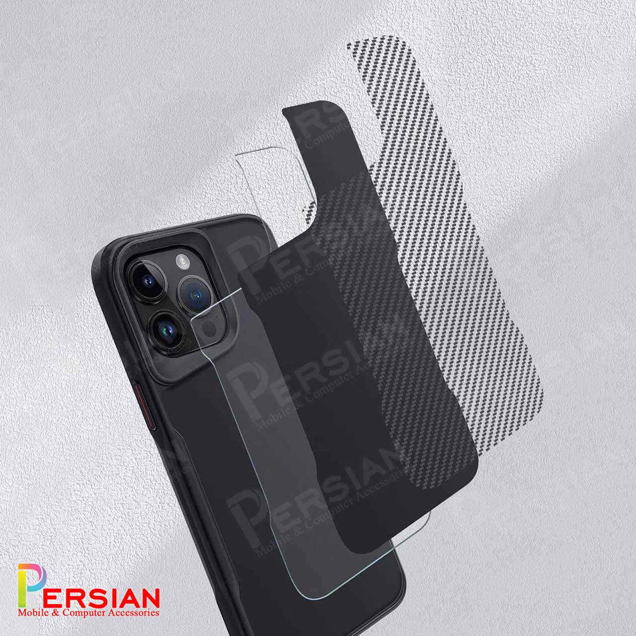 قاب گوشی آیفون 16 پرومکس طرح فیبر کربن مگ سیف استند شو برند مجیک ماسک Fiber Carbon Magic Mask Case iPhone 16 Pro Max
