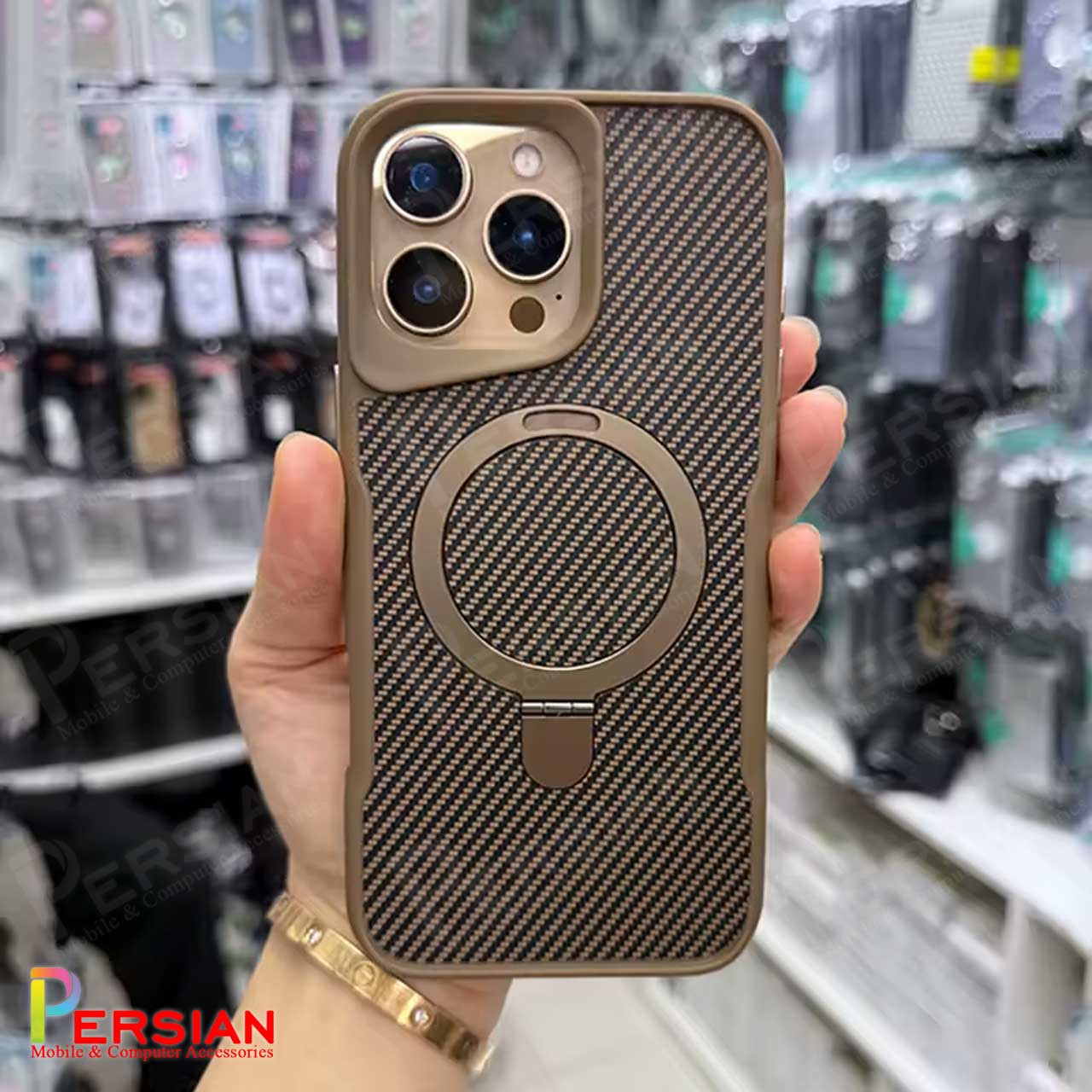 قاب گوشی آیفون 16 پرو طرح فیبر کربن مگ سیف استند شو برند مجیک ماسک Fiber Carbon Magic Mask Case iPhone 16 Pro