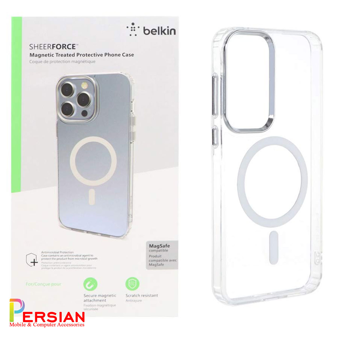 قاب شفاف گوشی سامسونگ A55 برند بلکین با مگ سیف و دکمه و رینگ متال Belkin For Samsung A55