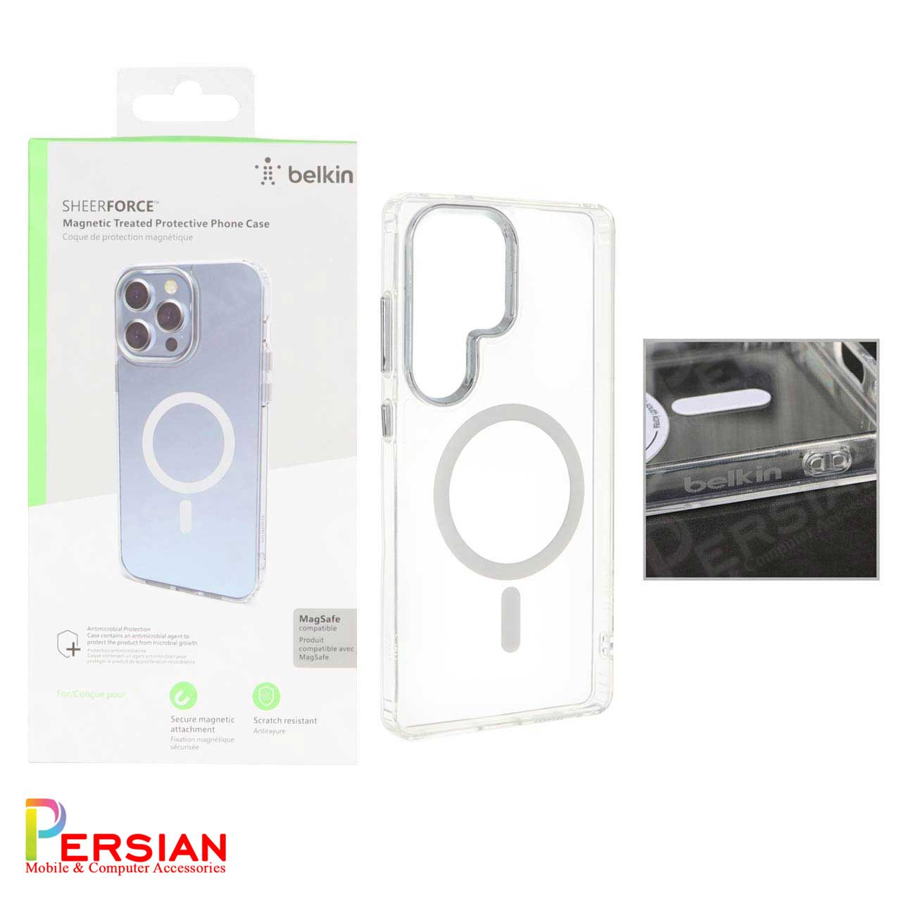 قاب شفاف گوشی سامسونگ S25 الترا برند بلکین با مگ سیف و دکمه و رینگ متال Belkin For Samsung S25 Ultra