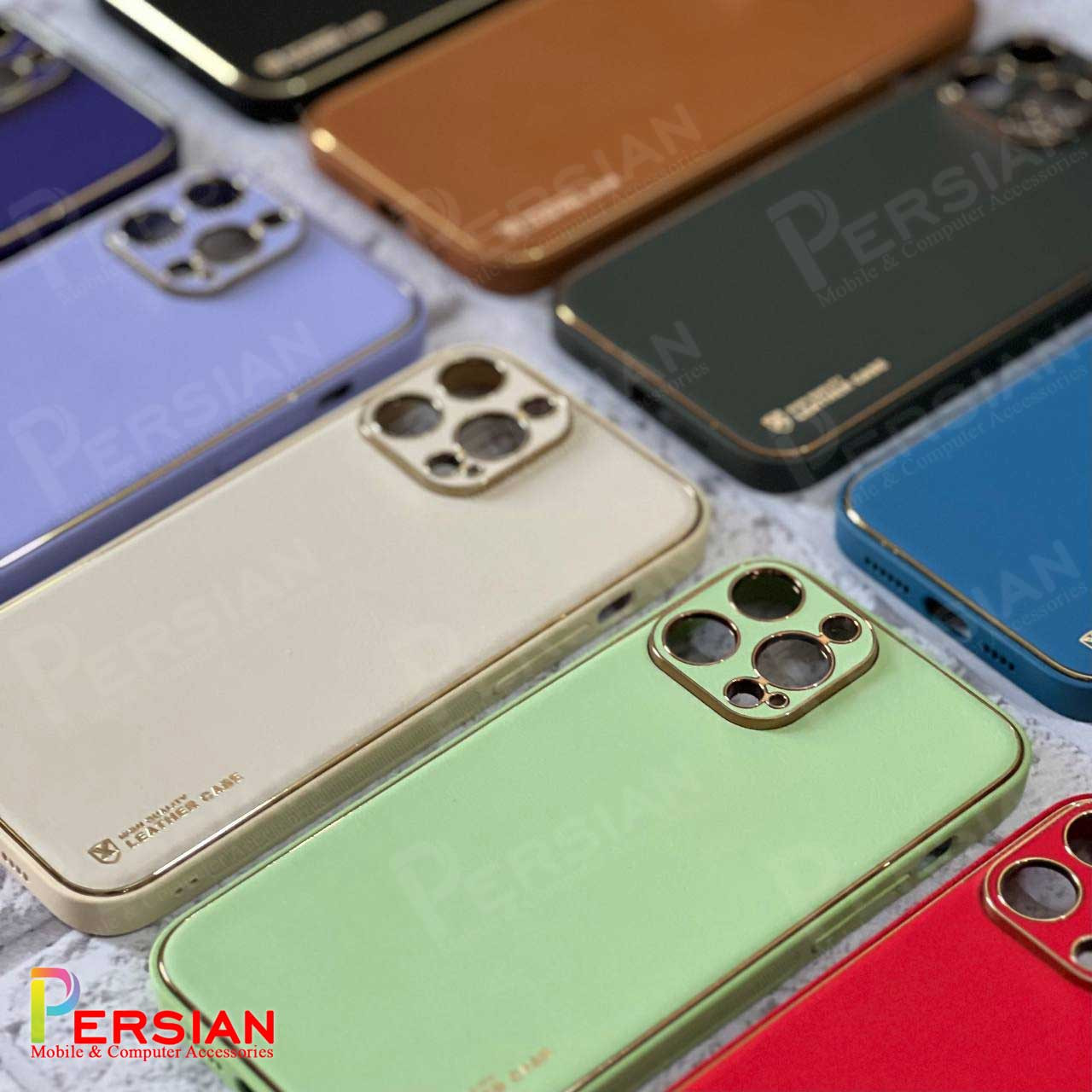 قاب ایفون 14 پرومکس چرمی Unique Case دور طلایی محافظ لنز دار iPhone 14 Pro Max