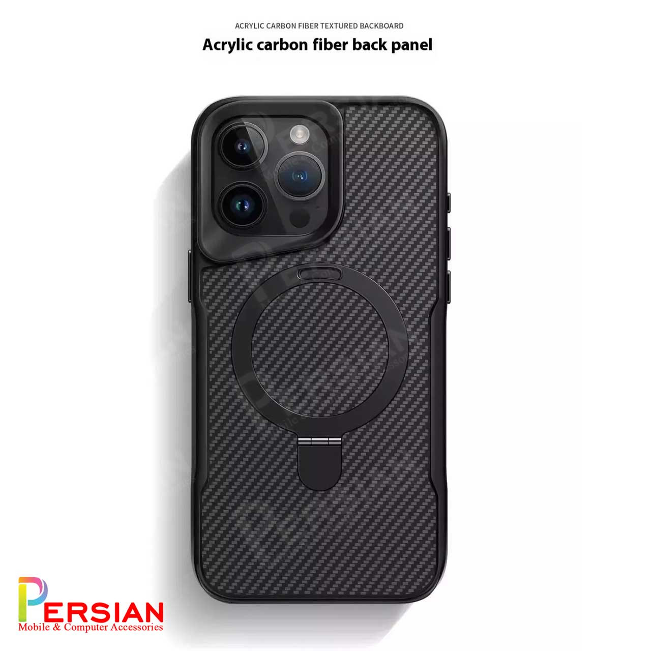 قاب گوشی آیفون 13 طرح فیبر کربن مگ سیف استند شو برند مجیک ماسک Fiber Carbon Magic Mask Case iPhone 13