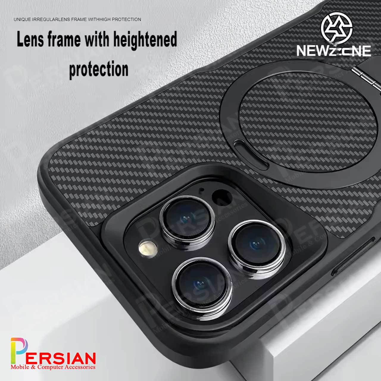 قاب گوشی آیفون 16 پرو طرح فیبر کربن مگ سیف استند شو برند مجیک ماسک Fiber Carbon Magic Mask Case iPhone 16 Pro