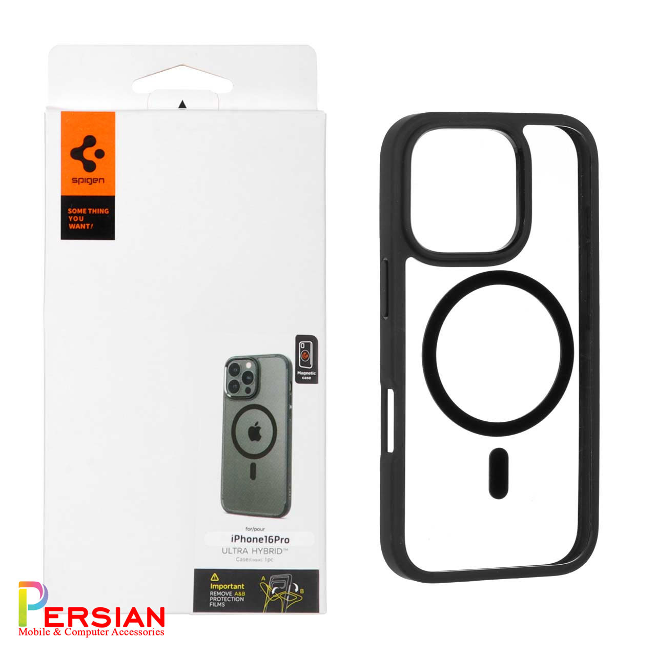 قاب گوشی آیفون ۱6 پرو دور مشکی پشت شفاف با مگ سیف برند اسپیگن Spigen Ultra Hybrid (MagFit)Case iPhone 16 Pro