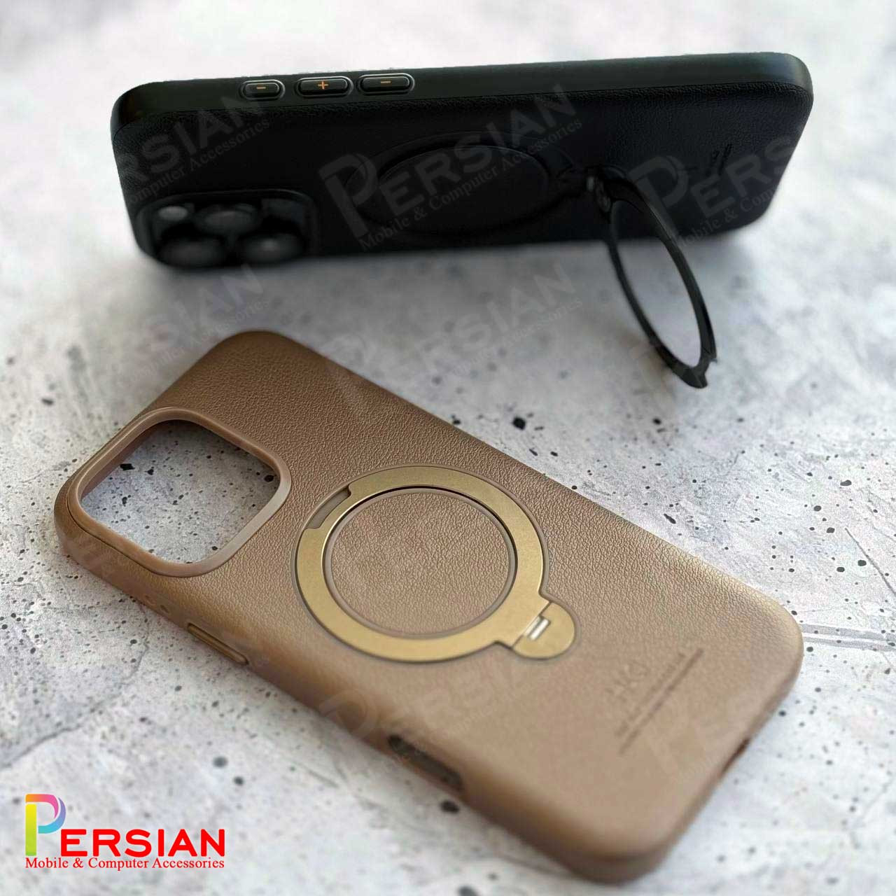 قاب اورجینال چرمی HDD گوشی آیفون 16 پرومکس با مگ سیف لوپ استندشو HDD Leather Holder Case iPhone 16 Pro Max