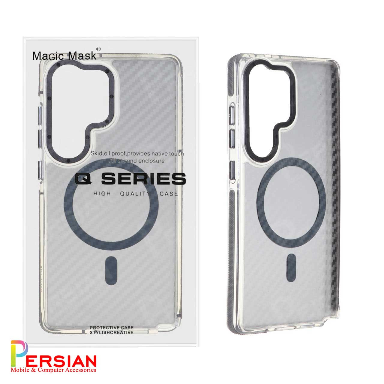 قاب مگ سیف دار گوشی سامسونگ S24 Ultra طرح کربن برند مجیک با لنز و دکمه متال Magic Carbon Metal Magsafe Samsung S24 Ultra