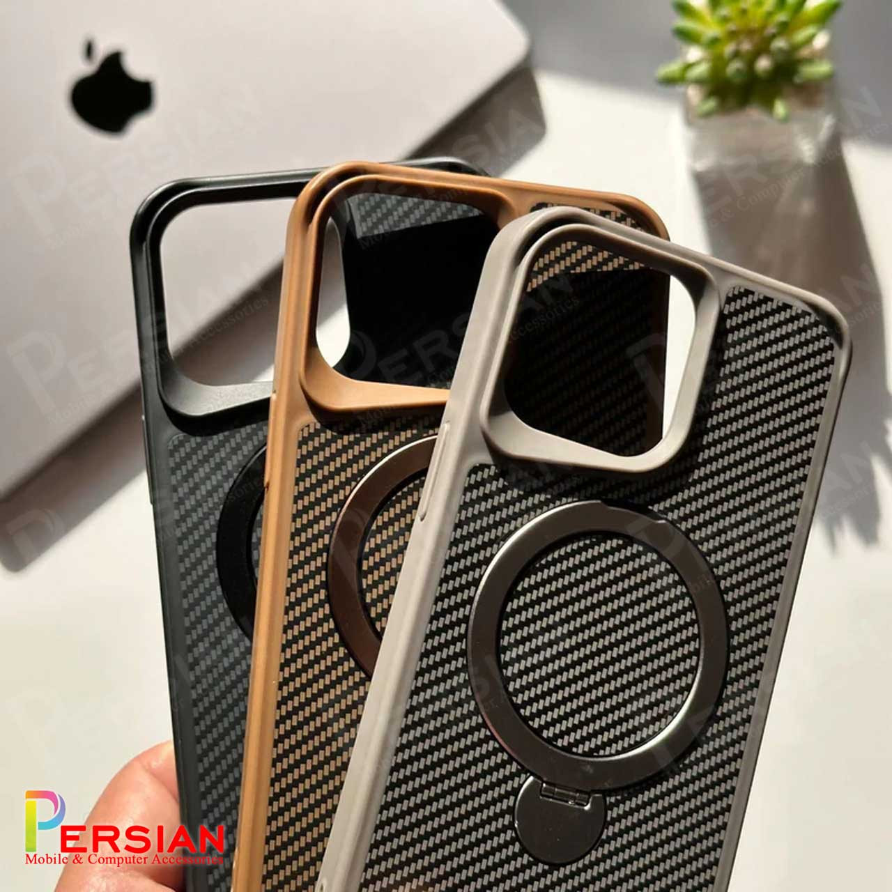 قاب گوشی آیفون 16 پرومکس طرح فیبر کربن مگ سیف استند شو برند مجیک ماسک Fiber Carbon Magic Mask Case iPhone 16 Pro Max