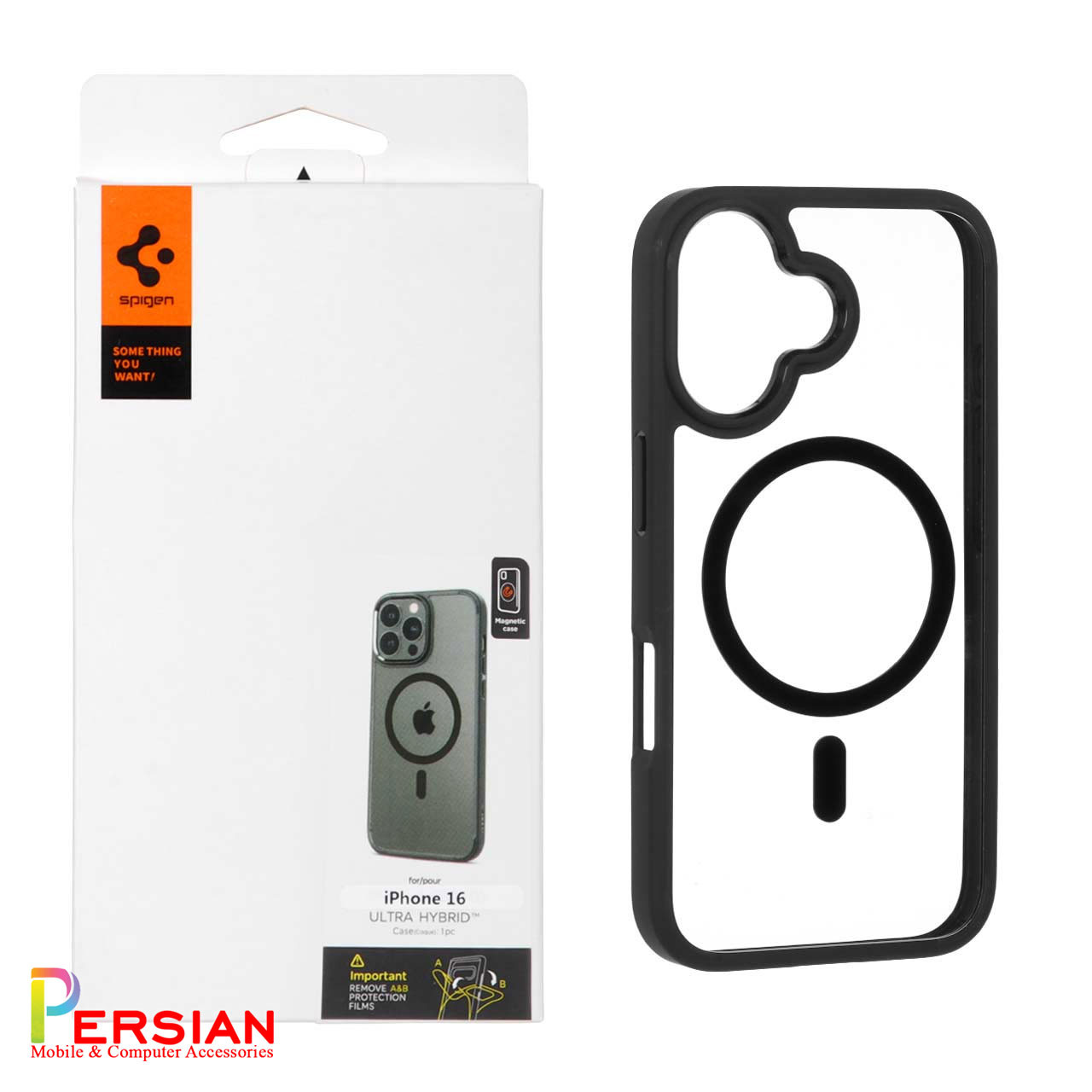 قاب گوشی آیفون ۱6 دور مشکی پشت شفاف با مگ سیف برند اسپیگن Spigen Ultra Hybrid (MagFit)Case iPhone 16