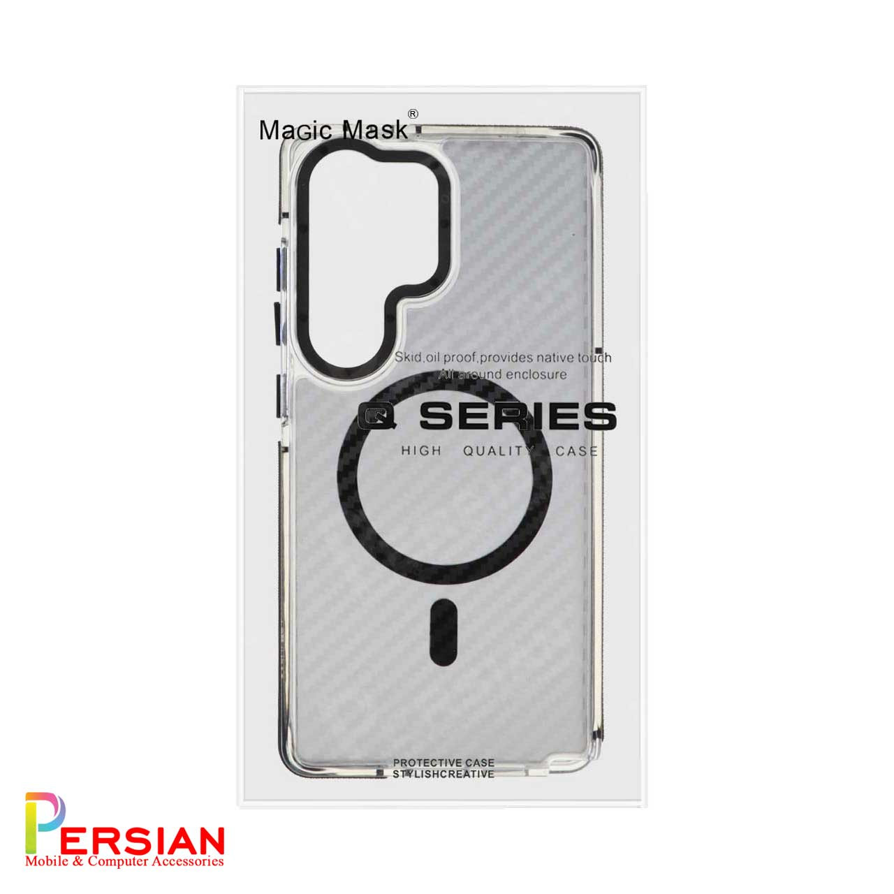 قاب مگ سیف دار گوشی سامسونگ S24 Ultra طرح کربن برند مجیک با لنز و دکمه متال Magic Carbon Metal Magsafe Samsung S24 Ultra