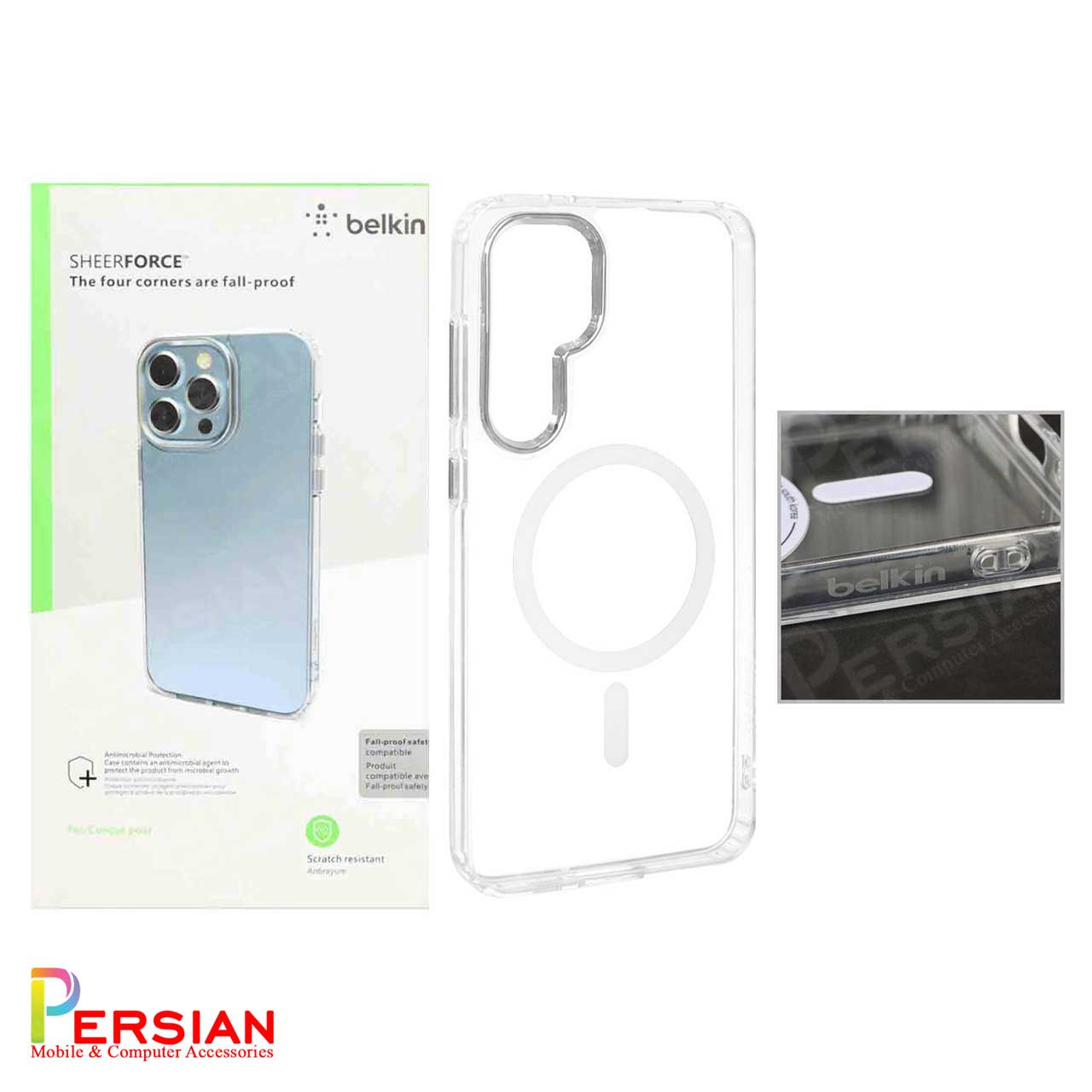 قاب شفاف گوشی سامسونگ S24 FE برند بلکین با مگ سیف و دکمه و رینگ متال Belkin For Samsung S24 FE