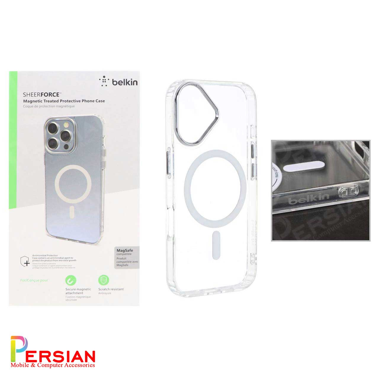 قاب شفاف گوشی آیفون 16 برند بلکین با مگ سیف و دکمه و رینگ متال Belkin For IPhone 16