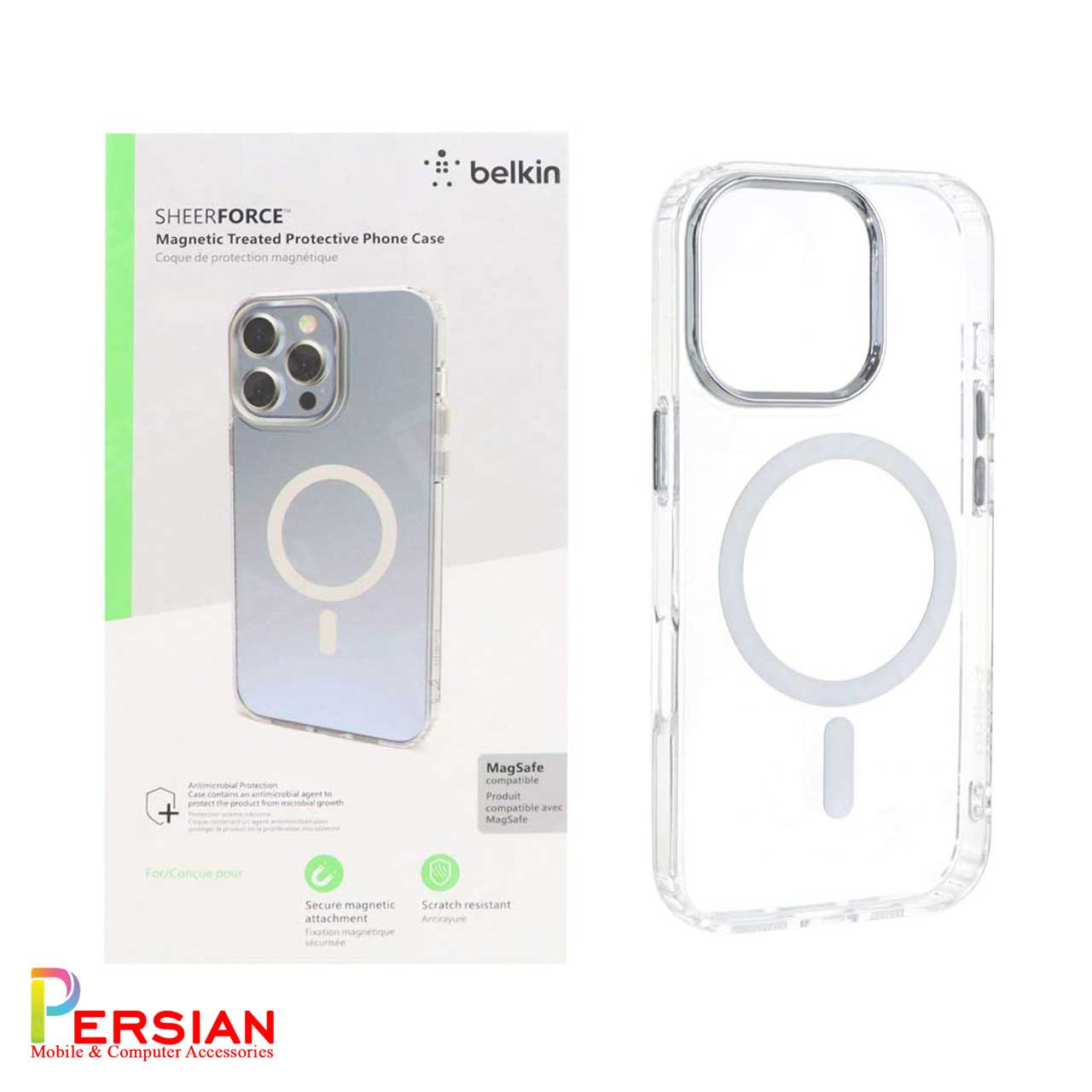 قاب شفاف گوشی آیفون 16 پرومکس برند بلکین با مگ سیف و دکمه و رینگ متال Belkin For IPhone 16 Pro Max